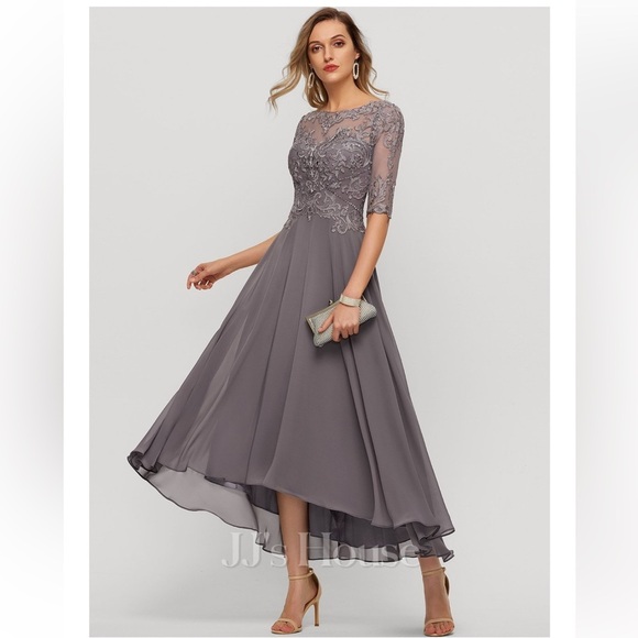 JJs House Dresses & Skirts - NWT JJ's House Gray Lace Top Chiffon High Low Hem Formal Dress Short Sleeve 4